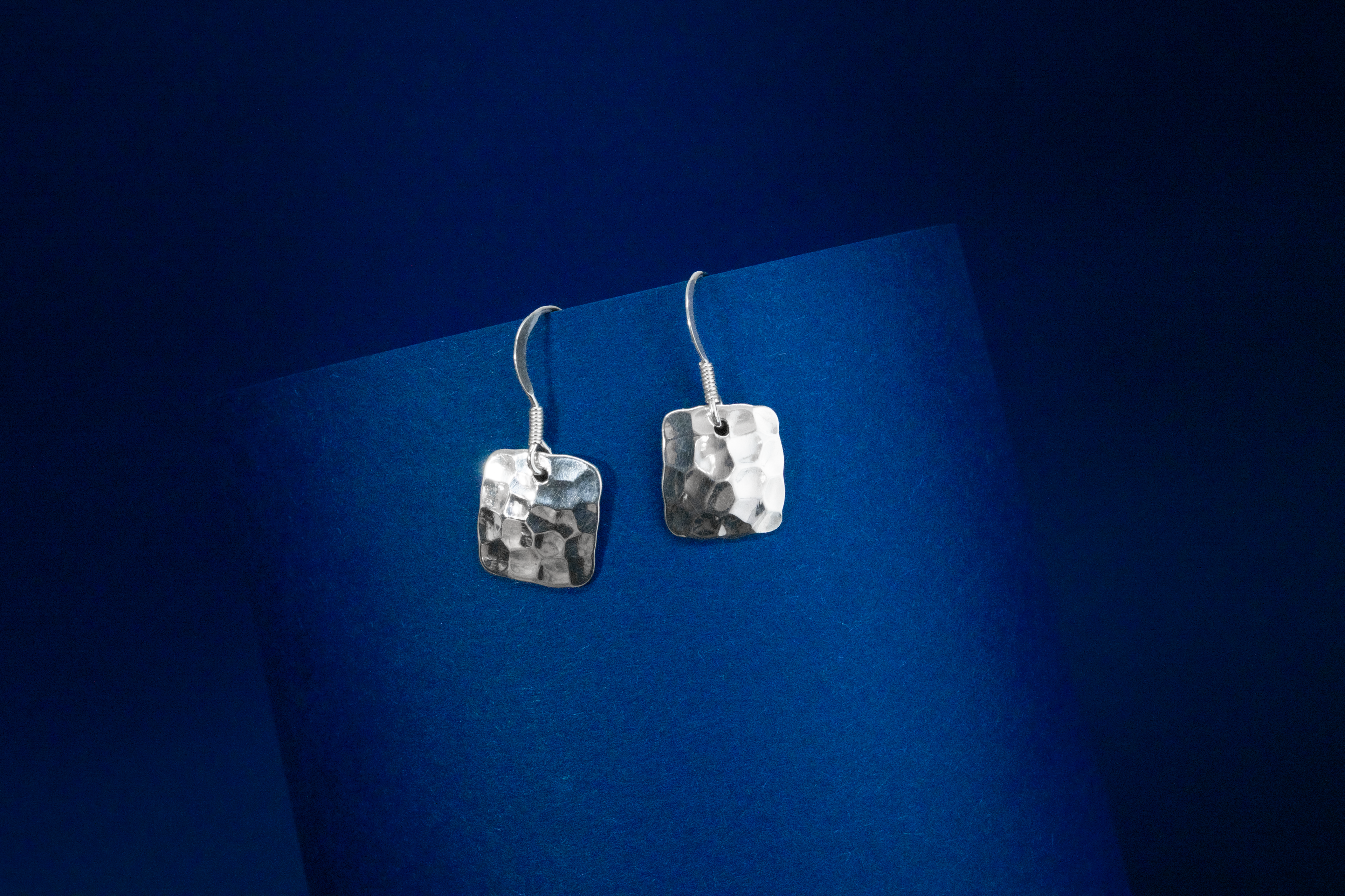 Pair of silver earrings on a blue background